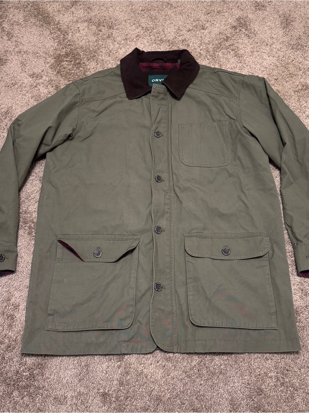 Orvis Barn Chore Field Jacket Mens Large Green Flannel Lined Zipper Button